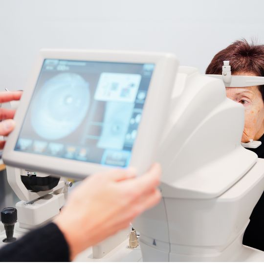 Senhora a fazer uma retinografia num gabinete