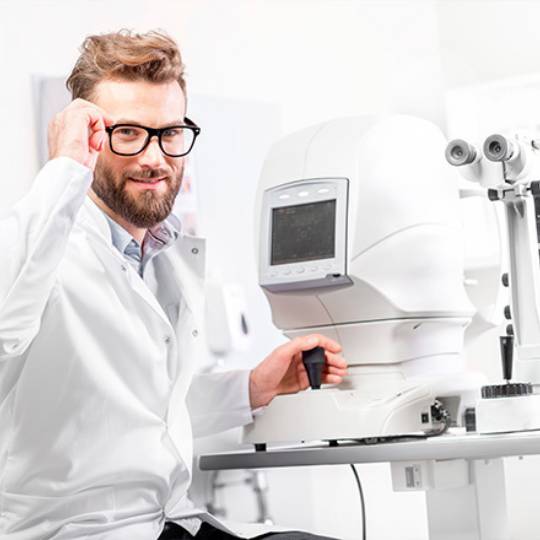 Optometrista preparado para realizar exames oculares