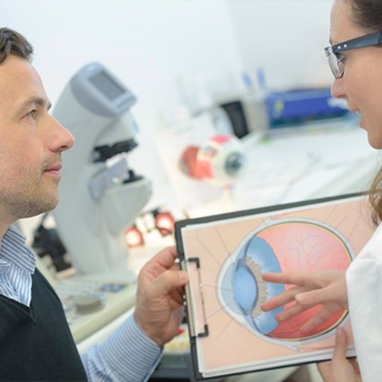 Oftalmologista a explicar a um homem o que &eacute; a tens&atilde;o ocular